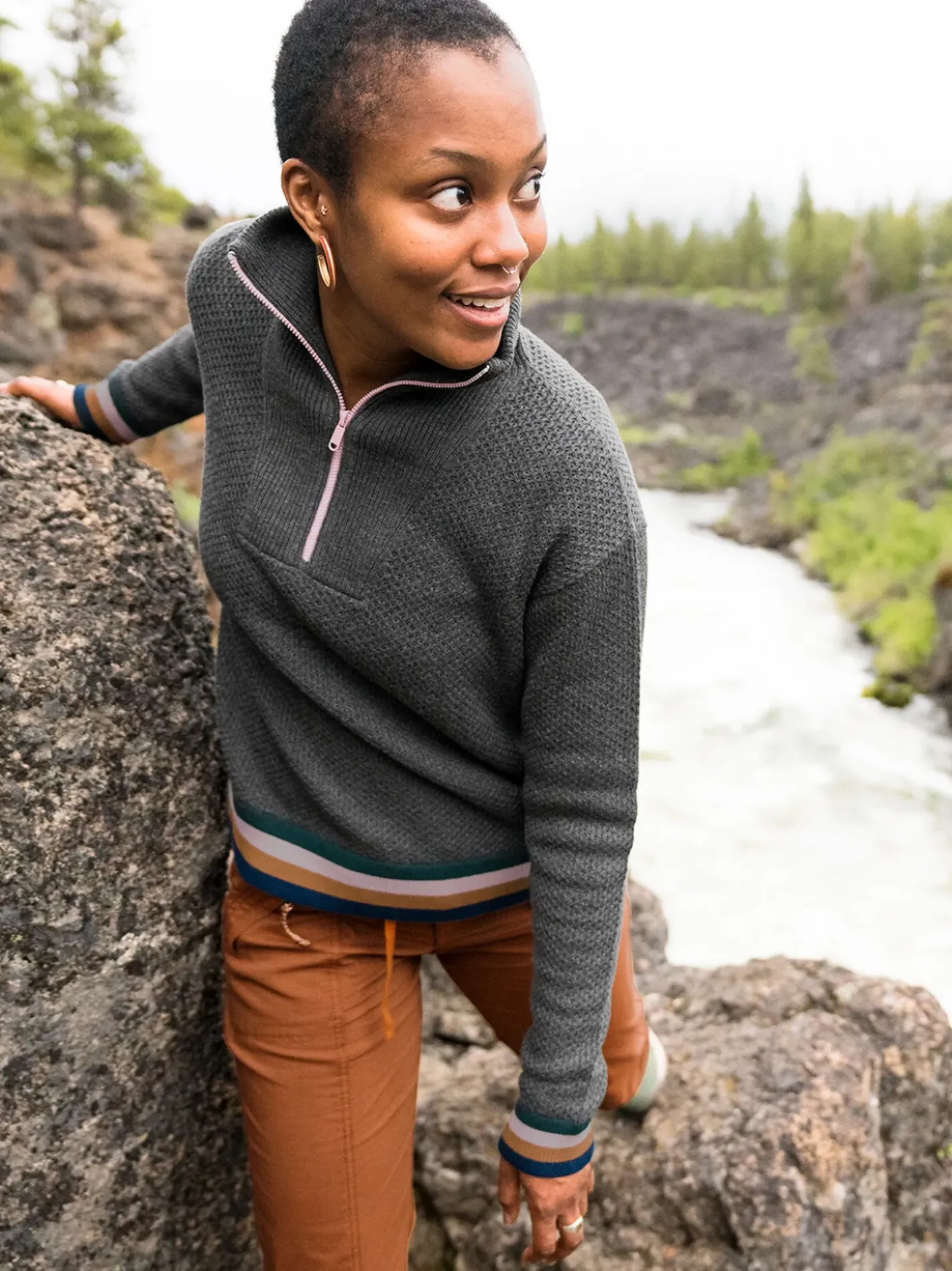 Title Nine Woolicious Waffle 1/4 Zip Sweater - Stripe>Women Long Sleeve Tops
