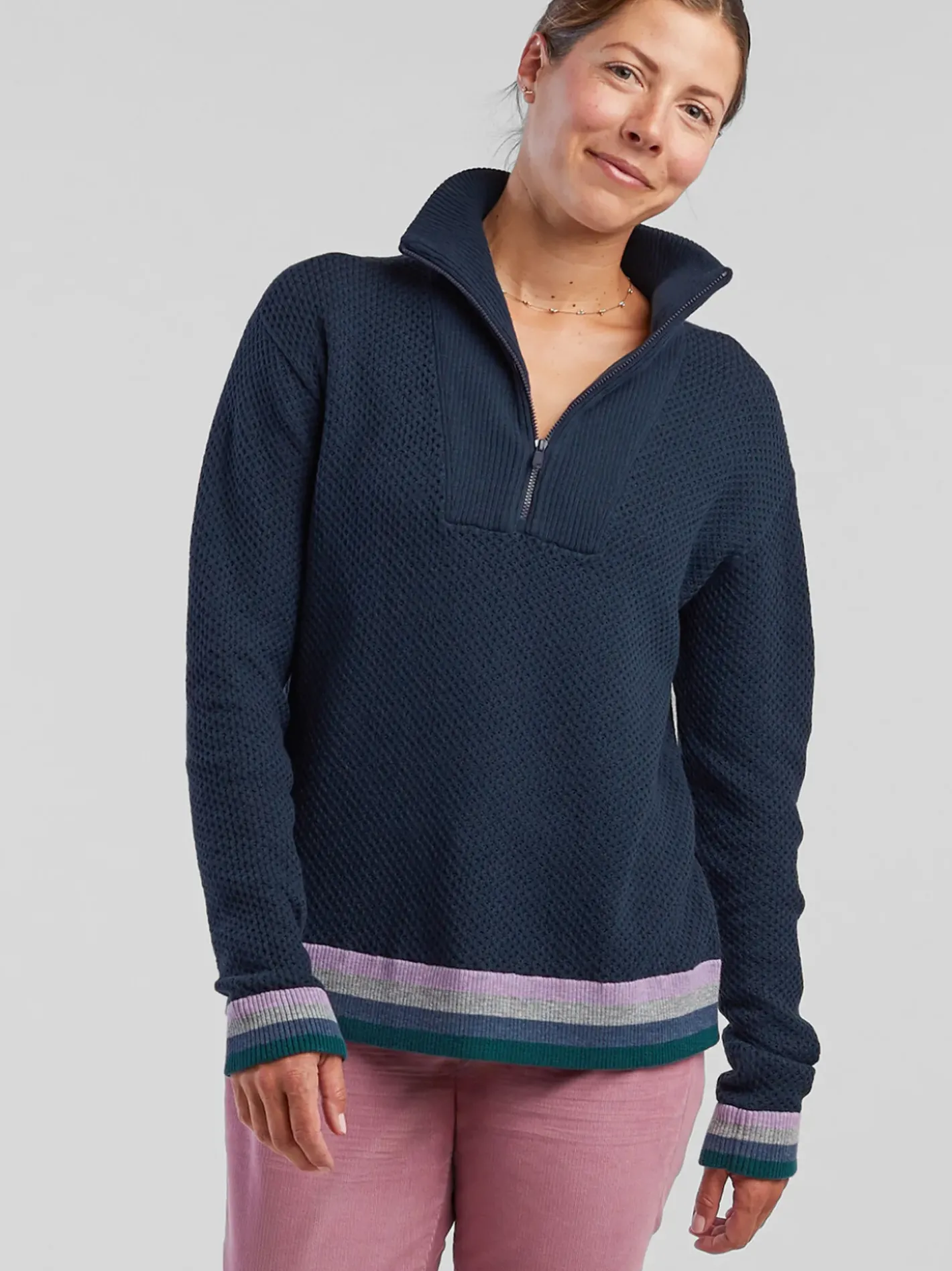 Title Nine Woolicious Waffle 1/4 Zip Sweater - Stripe>Women Long Sleeve Tops